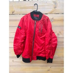 Bleecker & Mercer Mens XL Red Bomber Jacket Resistor Patch Quilted Lining NX642